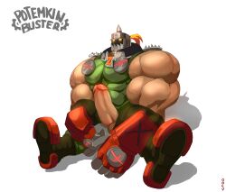 balls bara big_muscles big_penis blush boner erection gay guilty_gear helmet male male_only muscles muscular obeyecow penis potemkin solo solo_male spread_legs