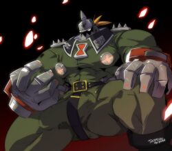 balls bara big_bulge big_muscles bulge fully_clothed gay guilty_gear helmet male male_only muscles muscular penis potemkin solo solo_male spread_legs tamazukiakiyama