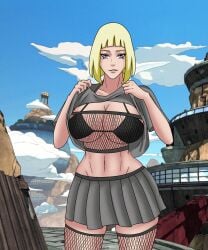 1girls adapted_costume alternate_costume big_breasts blonde_hair blue_eyes blunt_bangs bob_cut bra breasts clothing clothing_lift fishnet_legwear fishnet_stockings fishnet_topwear fishnets flashing flashing_breasts huge_breasts legwear lifted_by_self long_hair mature mature_female midriff naruto naruto_(series) naruto_shippuden outdoors presenting presenting_breasts revealing_clothes samui shirt shirt_lift short_hair skirt stockings sutokatsu voluptuous