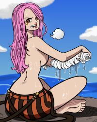 1girls 5_toes anti_eyebrow arms_up back brown_eyes clouds feet female female_only grabbing horizon hotpants jewelry_bonney lipstick looking_at_viewer looking_back low_cut_top ocean one_piece open_mouth piercing pink_hair pirate ring sideboob sitting sky solo supernova suspenders tank_top thighs topless topless_female water water_drop wet wet_clothes wet_skin white_shirt wringing_clothes