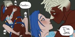 1boy 1girls couple dark-skinned_male dark_skin ekko female interracial intimate jinx_(league_of_legends) laying_on_back league_of_legends long_hair male passionate