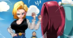 1girls android_18 blonde blonde_female blonde_hair blonde_hair_female blue_eyes cleavage curvy dragon_ball erect_nipples female huge_areolae huge_breasts omochi_db puffy_nipples short_hair thick_lips voluptuous yellow_hair