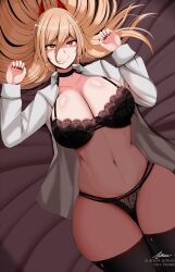 1girls alternate_breast_size astraea_(atelierastraea) belly_button big_hips black_bra black_panties blonde_hair bra chainsaw_man demon demon_girl female horns long_sleeves lying_on_back navel panties power_(chainsaw_man) smile thick_hips thick_thighs very_long_hair wide_hips yellow_eyes