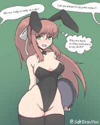 1girls black_bunny_ears black_bunnysuit blush bow brown_hair bunny_ears bunny_girl bunnysuit dialogue dialogue_bubble doki_doki_literature_club green_background green_eyes holding_object holding_plate long_hair looking_at_viewer monika_(doki_doki_literature_club) mouth_open open_mouth pixel_art ponytail saltdrawyou simple_background text text_bubble thick_thighs white_bow