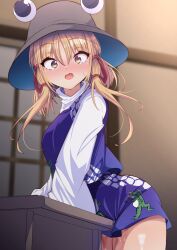 1girls absurdres blonde_hair blush bondage bound brown_headwear cowboy_shot crotch_rub darumoon female female_masturbation frogtie hair_between_eyes hair_ribbon hat highres long_hair long_sleeves masturbation masturbation_through_clothes moriya_suwako open_mouth purple_skirt purple_vest red_ribbon ribbon shirt skirt solo suwako_moriya table_humping touhou tress_ribbon vest white_shirt wide_sleeves yellow_eyes