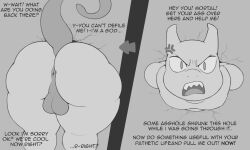 angry anthro anus apology ass balls big_butt cracks cross-popping_vein digital_media_(artwork) english_text front_view generation_1_pokemon genitals glare glaring glaring_at_viewer hi_res huge_butt imminent_anal imminent_rape imminent_sex legendary_pokemon male male_only mammal mewtwo monochrome nintendo nude overweight overweight_male perineum pokemon pokemon_(species) powerful_sub profanity raised_tail rear_view sharp_teeth simple_background snout solo solo_focus stone_wall stuck submissive_male teeth text thick_thighs through_wall video_games wall_(structure) yelling zlut385