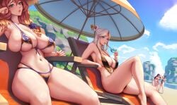 6+girls alternate_costume arm_rest bangs beach beach_chair beach_umbrella beidou_(genshin_impact) big_breasts bikini black_one-piece_swimsuit blonde_hair blue_bow blue_hair blue_one-piece_swimsuit blue_shirt blue_sky bored bow breasts brown_hair chair cleavage cloud cup drinking_glass drinking_straw drinking_straw_in_mouth faceless faceless_female female female_only flower front-tie_bikini_top front-tie_top genshin_impact gold_one-piece_swimsuit green_eyes grey_hair hair_bow hair_flower hair_ornament hair_stick head_rest hi_res high-waist_shorts highres holding holding_cup huge_breasts jean_gunnhildr jean_gunnhildr_(sea_breeze_dandelion) knee_up large_breasts lisa_(genshin_impact) long_hair micro_bikini multiple_girls navel ningguang_(genshin_impact) ocean official_alternate_costume on_chair one-piece_swimsuit pachpachpach pachpachpachi parasol parted_bangs parted_lips ponytail purple_bikini red_bikini red_eyes rock shenhe_(genshin_impact) shirt short_hair short_shorts shorts sideboob sitting skindentation sky slingshot_swimsuit swimsuit tassel tassel_hair_ornament thick thick_thighs twitter_username two-tone_swimsuit umbrella voluptuous white_hair white_shorts yelan_(genshin_impact)