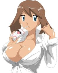 1girls aged_up alluring blank_background blue_eyes breasts brown_hair cleavage fallere825 female female_only huge_breasts human human_only large_breasts may_(pokemon) milk milk_carton miltank nintendo pajamas pokemon pokemon_rse smile solo solo_female