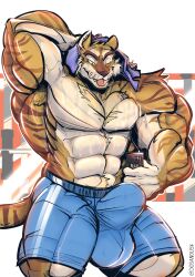 anthro big_muscles bulge dosandusk felid hi_res huge_muscles hyper hyper_muscles male mammal muscular muscular_male pantherine solo tiger