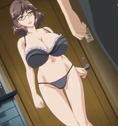 1boy age_difference anime_screencap big_breasts black_bra black_panties black_underwear brown_eyes brown_hair glasses huge_breasts large_breast large_breasts mature_female mature_woman milf okudera_anna okusama_wa_moto_yari_man older_female older_woman older_woman_and_younger_boy ova screenshot