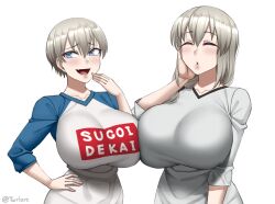 2girls artist_name artist_signature artist_website blank_background blue_eyes blush breast_press breast_to_breast breasts cleavage closed_eyes daughter enormous_breasts eyebrows_visible_through_hair family fang females_only fully_clothed grey_hair hand_on_hip hand_on_own_face hi_res highres huge_breasts long_hair looking_at_viewer massive_breasts mature_female milf mother mother_and_daughter multiple_females multiple_girls open_mouth parted_lips plain_background raised_eyebrows short_hair simple_background smug sugoi_dekai tight twitter_username twrlare upper_body url uzaki-chan_wa_asobitai! uzaki_hana uzaki_tsuki voluptuous white_background