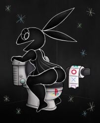 anthro ass bathroom big_butt bottomless clothed clothing female implied_scat lagomorph leporid looking_at_viewer looking_back mammal open_mouth playstation privy rabbit sitting sitting_backwards smile solo sony_corporation sony_interactive_entertainment toilet toilet_bowl toilet_paper toilet_seat toilet_use vib-ribbon vibri video_games