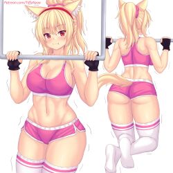 animal_ears ass bangs black_gloves blonde_hair blush breasts cat_ears cat_girl cat_tail cleavage closed_mouth female fingerless_gloves gloves hair_ornament hair_scrunchie hairband large_breasts long_hair micro_shorts multiple_views navel nottytiffy patreon_username pink_scrunchie pink_shorts ponytail pullups red_eyes red_hairband scrunchie shorts squatting stomach tail thick_thighs thighhighs thighs tiffy tiffynyaa white_thighhighs wide_hips