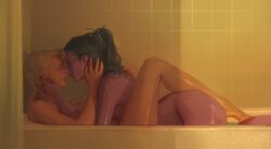 2d 2girls ashe_(overwatch) bath bathing bathroom bathtub black_hair blizzard_entertainment caressing_face efferwescent female_focus female_on_top holding intimate laying_down legs long_hair mole multiple_girls nude overwatch painting_(artwork) ponytail purple_skin romantic seductive shared_bathing sharing_bathtub short_hair side_view smile water wet white_hair widowmaker yuri