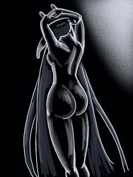 arms_above_head ass backside black_and_white breasts female hololive hololive_english hololive_myth long_hair ninomae_ina'nis sideboob virtual_youtuber
