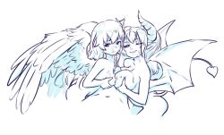 1boy 2girls angel_and_devil angel_wings aogami ass between_breasts breast_grab breasts commentary cum cum_on_body demon_horns demon_wings ejaculation erection faceless grabbing head_out_of_frame heart heart_tail highres horns line_art looking_at_viewer medium_breasts multiple_girls original simple_background tail teeth wings