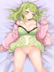 areola_slip bangs bed blush bow breasts cleft_of_venus collarbone female festa11307070 frilled_shorts frills from_above green_hair green_shorts hood hoodie jacket large_breasts long_hair long_sleeves lying morinaka_kazaki nijisanji nipple_slip nipples on_back panties panties_removed pink_hoodie pussy shorts sleeping sleeves_past_wrists solo uncensored underwear virtual_youtuber yellow_panties zzz