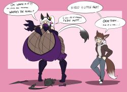 big_breasts breast_expansion breasts breasts_bigger_than_head breasts_bigger_than_torso cow_ears cow_girl cow_tail cute english_text fox fox_ears fox_tail hyper hyper_breasts kaboozle kunoichi lactating lactation mask ninja smaller_male taller_girl weapons