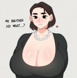 </3 1girls abigail_shapiro black_eyes breasts brown_hair cleavage clothing earrings foxicube huge_breasts necklace pearl_necklace real_person realistic solo solo_female text