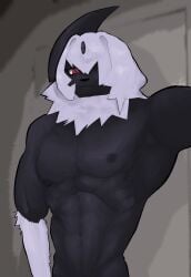 abs absol anthro black_body black_fur fur generation_3_pokemon hi_res male muscular muscular_anthro muscular_male nintendo nonplussed pecs pokemon pokemon_(species) pokemorph red_eyes solo video_games white_body white_fur