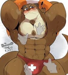 2021 anthro big_muscles blue_eyes blush brown_body brown_fur brown_nose bulge bulge_grab clothing disembodied_hand friday_(friday_otter) fur furry ghost_handles ghost_hands giant_otter group hi_res huge_muscles hyaku_(artist) lifeguard lutrine lying male mammal muscular muscular_anthro muscular_male mustelid nipples on_back pec_grasp river_otter solo_focus speedo speedo_only swimwear wet whiskers