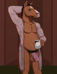 animal_genitalia animal_penis anthro beverage bojack_horseman bojack_horseman_(character) brown_body brown_fur clothing coffee coffee_mug equid equine equine_penis fur genitals grumpy hand_behind_head hi_res horse lewd_latte male male_only mammal netflix nipples outside penis robe solo tired