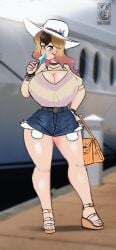 animated big_breasts blonde_hair blush bracelet breathing brunette choker cute denim dock feet grey_eyes hailey_(mr_deus_vult) haloowl hat high_heeled_sandals large_breasts large_thighs light-skinned_female light_skin mr_deus_vult multicolored_hair original popsicle purse sandals ship thick_thighs tight_clothing wedge_heels wide_hips