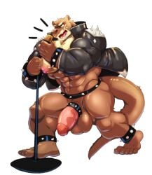 5_fingers abs absurd_res accessory anklet anthro balls barazoku big_balls big_muscles big_penis bottomless bracelet brown_body brown_fur clothed clothing cock_ring cursedmarked ear_piercing ear_ring fingers friday_(friday_otter) fur genitals giant_otter hi_res huge_muscles humanoid_genitalia humanoid_hands humanoid_penis jacket jewelry leather leather_clothing leather_daddy leather_jacket leather_topwear legband lutrine male mammal microphone muscular muscular_anthro muscular_male mustelid nipple_piercing nipples open_clothing open_jacket open_topwear otter penis penis_accessory penis_jewelry piercing pink_nipples punk ring_piercing river_otter rock_out_with_your_cock_out simple_background solo spiked_anklet spiked_bracelet spiked_legband spikes thick_penis topwear vein veiny_penis white_background