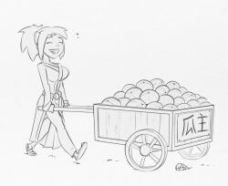 1girls artist_signature asian_female avatar_the_last_airbender black_and_white breasts busty carriage chibi chinese_text cleavage clothed clothing cute earth_kingdom female female_focus female_only food full_body fully_clothed hagfish happy jin_(avatar) large_breasts melons monochrome ponytail sandals sketch smile solo solo_female solo_focus teeth teeth_showing teeth_visible tied_hair tongue top_heavy wagon walking