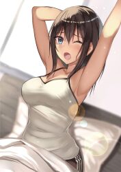 armpits arms_up blue_eyes breasts brown_hair kureha_(ironika) lens_flare one_eye_closed open_mouth original tsubasa_(kureha) yawn