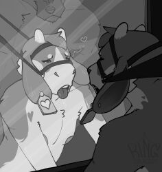 absurd_res ambiguous_gender anthro bathroom bovid bovine bridle canid canine canis cattle chubby_male duo ear_piercing ear_tag face_focus fluffy girly growling halter heart heart_(marking) hi_res horn kingdragyn looking_at_mirror looking_at_object looking_at_self mammal mirror muscular nipples one_eye_closed petplay piercing ponyplay reflection reins roleplay slightly_chubby solo_focus tongue tongue_out wolf