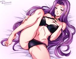 1girls bare_shoulders barefoot belly big_breasts bikini black_bikini black_bra black_panties black_swimsuit blush bra breasts cleavage fate/hollow_ataraxia fate/stay_night fate_(series) female female_only forehead half-closed_eyes hand_on_chest hand_on_own_chest highres knee legs light-skinned_female lips long_hair looking_at_viewer lying lying_on_back medusa_(fate) midriff minacream nail_polish navel on_back on_bed one_knee_up panties purple_eyes purple_hair seductive solo spread_legs stomach swimsuit thick_thighs thighs toenail_polish very_long_hair