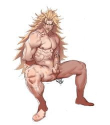 1boy balls bara beard blonde_hair boner erect_penis erection facial_hair gay guilty_gear hands_behind_back leo_whitefang long_hair long_hair_male male male_only muscles muscular nude overgank paja192 penis precum solo solo_male spread_legs