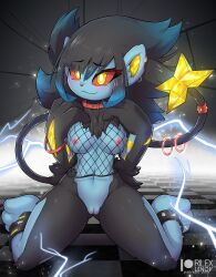 anklewear anthro anthrofied blush breasts collar electricity eyelashes female fishnets hair looking_at_viewer luxray nude piercing pokemon pokemon_(species) pussy red_sclera rilex_lenov smile yellow_eyes