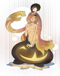 abysmal0 dripping eyelashes female gourgeist hair_over_one_eye large_breasts pokemon pokemon_xy pumpkin yellow_eyes