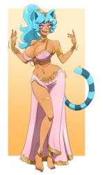 barefoot big_ass blue_hair breasts catgirl cleavage dancer_outfit dark_skin emie_(kobi) harem_outfit kobi-tfs large_breasts long_hair makeup navel ponytail thick_thighs wide_hips