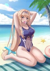 1girls aqua_eyes armpits arms_behind_head arms_up beach beach_towel blonde_hair blue_one-piece_swimsuit blue_sky breasts casual_one-piece_swimsuit cloud condom condom_in_mouth condom_wrapper covered_navel day enterprise_(warship_girls_r) female female female_only hair_ornament large_breasts long_hair low-tied_long_hair mouth_hold ocean one-piece_swimsuit outdoors palm_tree sidelocks sitting sky solo star_(symbol) star_hair_ornament swimsuit towel tree user_gztx5723 very_long_hair wariza warship_girls_r