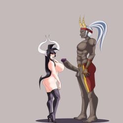 black_hair dark-skinned_male demon demon_girl demon_horns flirting high_heels huge_ass huge_balls huge_breasts huge_cock lipstick long_hair mai_(supernova) oni oni_horns stockings supernova_(artist) white_hair