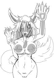 2023 against_surface anthro bone breasts canid claws digital_media_(artwork) female genitals glowing glowing_eyes hi_res mammal monochrome on_glass pussy scp-1471 scp_foundation skull skull_head solo tail tongue tongue_out viofsa