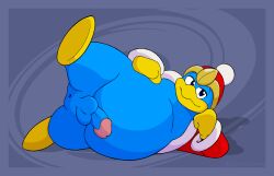 anthro anus avian balls beak bedroom_eyes belly bird blue_body blue_feathers clothing feathers gatogallery genitals gloves handwear hat headgear headwear hi_res king king_dedede kirby_(series) male male_only narrowed_eyes nintendo overweight penguin penis perineum presenting presenting_anus royalty seductive solo spread_legs spreading thick_thighs video_games