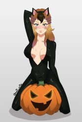 big_breasts commission hailey_(mr_deus_vult) halloween_costume maii_artss mr_deus_vult multicolored_hair on_knees original pumpkin