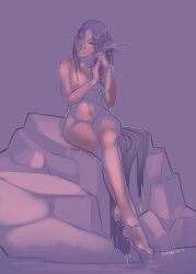 abysmal0 braid crossed_legs female large_breasts night_elf pointy_ears purple_skin sitting solo stone very_long_hair wet world_of_warcraft