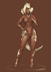 abs abysmal0 au_ra dark-skinned_female dark_skin female final_fantasy final_fantasy_xiv hand_on_hip large_breasts limited_palette nude solo