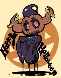 abysmal0 anthro anthrofied black_skin dripping female game_freak halloween medium_breasts phantump pokemon pokemon_xy pumpkin red_eyes solo