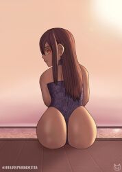 ass ass_focus erza_scarlet fairy_tail fluffyvendetta orange_sky pool red_eyes red_hair round_ass sitting sky smile sun water