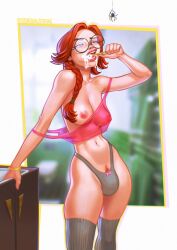 1futa 2022 areolae breasts brushing_teeth bulge clothed clothing flaccid futa_only futanari glasses heather_(sensualstroke) human light-skinned_futanari light_skin medium_breasts mostly_nude nipples original original_character panties red_hair round_glasses sensualstroke solo spider standing