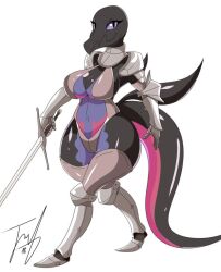 anthro armor curvy female female_focus female_only knight lizard lizard_girl nintendo pokemon pokemon_(species) pokemorph purple_eyes salazzle seductive signature sword tail thicthighs unknown_artist