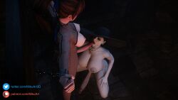 3d alcina_dimitrescu big_ass big_balls big_breasts big_butt big_nipples big_penis black_hair blender chained cuff_(restraint) dead_or_alive fishnet_bodysuit fishnets futa_on_futa futanari kasumi_(doa) licking_penis mikuart prison red_hair resident_evil resident_evil_8:_village white_body