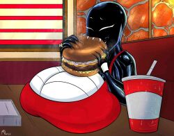 1girls ameizing_lewds big_breasts breasts breasts_bigger_than_body breasts_bigger_than_head breasts_bigger_than_torso breasts_on_table burger cleavage closed_eyes eating female female_only food hourglass_figure huge_breasts hyper_breasts marvel marvel_comics ring sharp_teeth she-venom she-venom_(ameizing_lewds) spider-man_(series) tagme venom venom_(marvel) wedding_ring