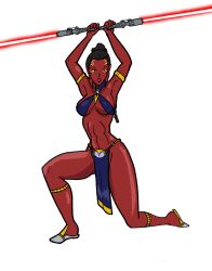 armpits belly_dancer belly_dancer_outfit big_breasts black_hair bocas_top breasts covered_nipples double_bladed_lightsaber gold_eyes harem_girl harem_outfit holding_weapon large_breasts lightsaber loincloth original original_character red_skin sith sith_pureblood star_wars wadevezecha